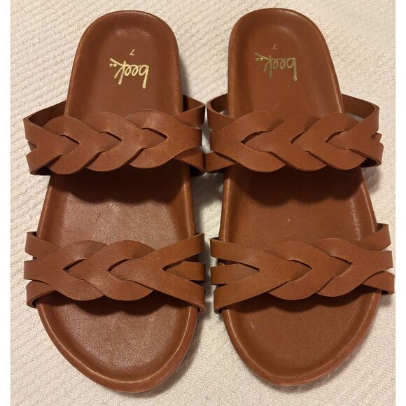 NWOT Beek Motmot Footbed Leather Slide Sandals, Cognac, Sz. 7 - Picture 2 of 7